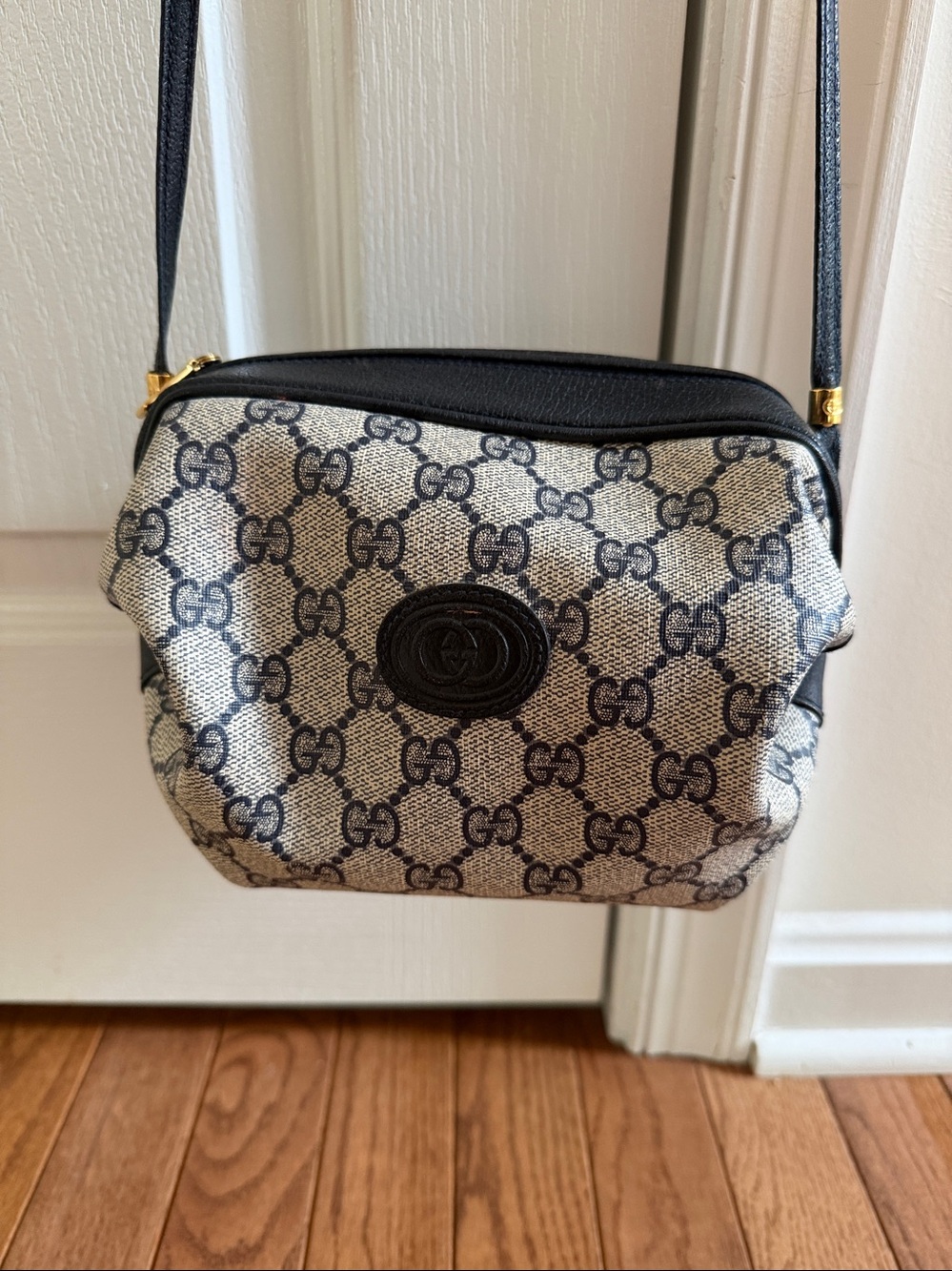 Vintage Gucci Beige GG Supreme Pouch with Black Leather Trim with Charm
